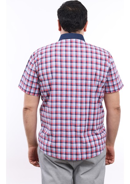 Erkek Büyük Beden Yarım Patlı Lacivert-Kiremit Ekose Likralı Pamuk Düğmeli Yaka Cepli Kısa Kol Gömlek Kk-8042-Tss modelleri