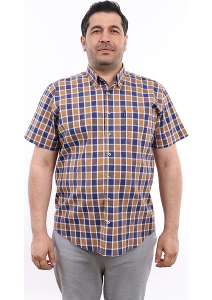 Erkek Büyük Beden Lacivert-Kahverengi Ekose Likralı Pamuk Düğmeli Yaka Cepli Kısa Kol Gömlek Kk-8024-Tss