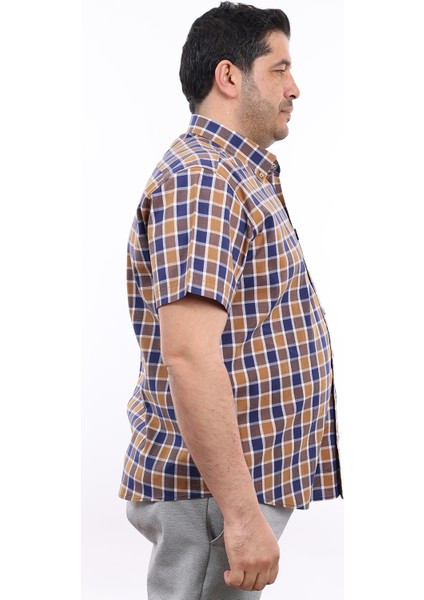 Erkek Büyük Beden Lacivert-Kahverengi Ekose Likralı Pamuk Düğmeli Yaka Cepli Kısa Kol Gömlek Kk-8024-Tss fiyatları