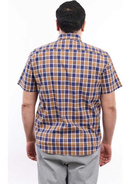 Erkek Büyük Beden Lacivert-Kahverengi Ekose Likralı Pamuk Düğmeli Yaka Cepli Kısa Kol Gömlek Kk-8024-Tss modelleri