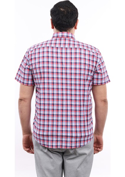 Erkek Büyük Beden Lacivert-Kiremit Ekose Likralı Pamuk Düğmeli Yaka Cepli Kısa Kol Gömlek Kk-8026-Tss modelleri