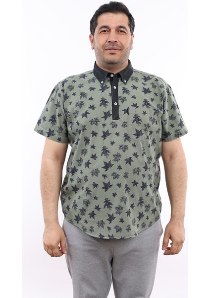 Erkek Büyük Beden Yarım Patlı Yaprak Desenli Haki Pamuk Düğmeli Yaka Cepli Kısa Kol Gömlek Kk-8034-Tss