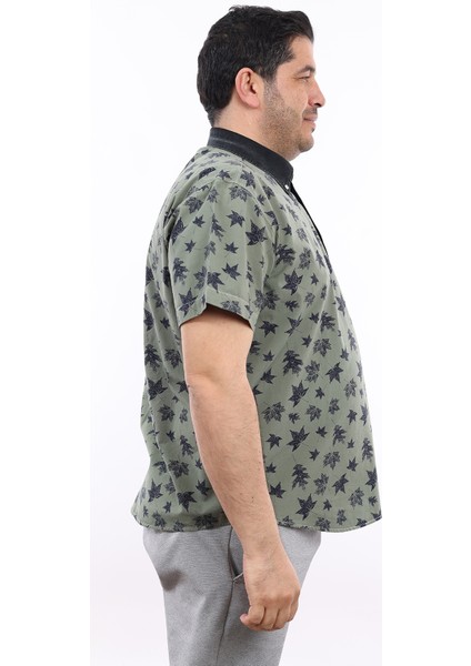 Erkek Büyük Beden Yarım Patlı Yaprak Desenli Haki Pamuk Düğmeli Yaka Cepli Kısa Kol Gömlek Kk-8034-Tss fiyatları
