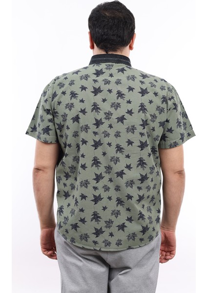 Erkek Büyük Beden Yarım Patlı Yaprak Desenli Haki Pamuk Düğmeli Yaka Cepli Kısa Kol Gömlek Kk-8034-Tss modelleri