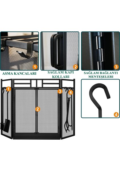 Metal 5 Parça Katlanabilir Kapaklı Şömine Maşa Siperlik Seti Siyah