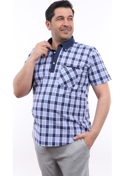 Erkek Büyük Beden Yarım Patlı Lacivert-Mavi Ekose Likralı Pamuk Düğmeli Yaka Cepli Kısa Kol Gömlek Kk-8040-Tss