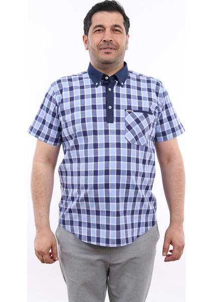 Erkek Büyük Beden Yarım Patlı Lacivert-Mavi Ekose Likralı Pamuk Düğmeli Yaka Cepli Kısa Kol Gömlek Kk-8040-Tss fiyatları