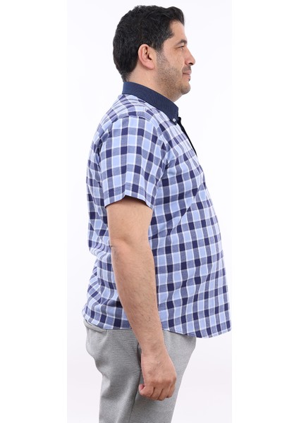 Erkek Büyük Beden Yarım Patlı Lacivert-Mavi Ekose Likralı Pamuk Düğmeli Yaka Cepli Kısa Kol Gömlek Kk-8040-Tss modelleri