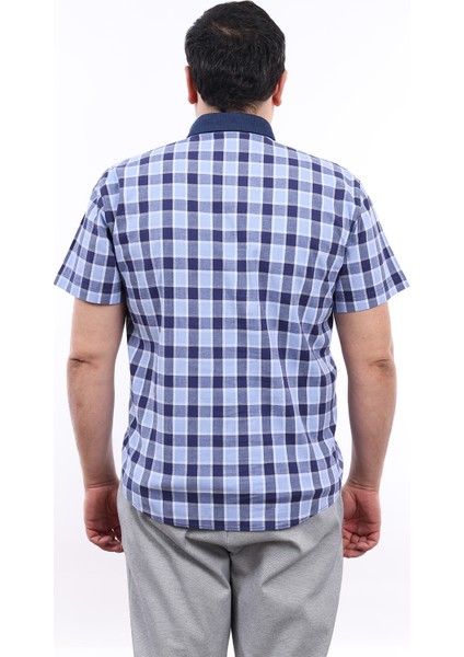 Erkek Büyük Beden Yarım Patlı Lacivert-Mavi Ekose Likralı Pamuk Düğmeli Yaka Cepli Kısa Kol Gömlek Kk-8040-Tss fırsatları