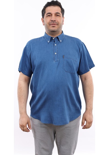 Erkek Büyük Beden Yarım Patlı Mavi Tencel Pamuk Düğmeli Yaka Cepli Kısa Kol Gömlek Kk-8032-Tss