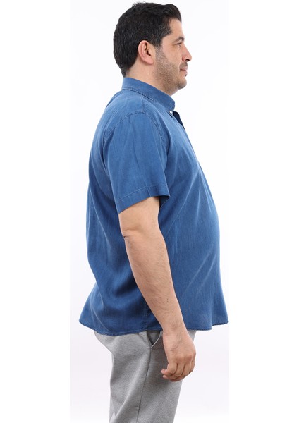 Erkek Büyük Beden Yarım Patlı Mavi Tencel Pamuk Düğmeli Yaka Cepli Kısa Kol Gömlek Kk-8032-Tss fiyatları