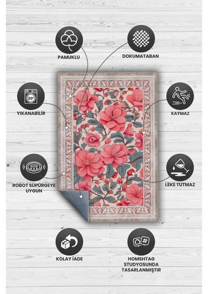 Art Deco Begonya Vintage Halı Görünümlü Dijital Baskı Renkli Halı Rustik Çiçekli Halı fırsatları