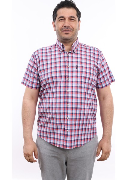 Erkek Büyük Beden Lacivert-Kiremit Ekose Likralı Pamuk Düğmeli Yaka Cepli Kısa Kol Gömlek Kk-8026-Tss