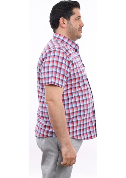 Erkek Büyük Beden Lacivert-Kiremit Ekose Likralı Pamuk Düğmeli Yaka Cepli Kısa Kol Gömlek Kk-8026-Tss fiyatları