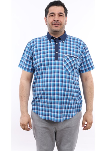 Erkek Büyük Beden Yarım Patlı Lacivert-Turkuaz Ekose Likralı Pamuk Düğmeli Yaka Cepli Kısa Kol Gömlek Kk-8044-Tss
