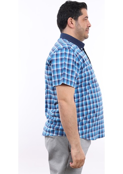 Erkek Büyük Beden Yarım Patlı Lacivert-Turkuaz Ekose Likralı Pamuk Düğmeli Yaka Cepli Kısa Kol Gömlek Kk-8044-Tss fiyatları