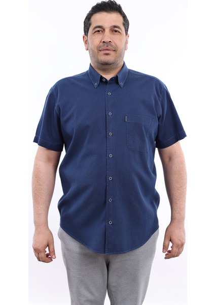 Erkek Büyük Beden Lacivert Indigo Oxford Pamuk Düğmeli Yaka Cepli Kısa Kol Gömlek Kk-8020-Tss