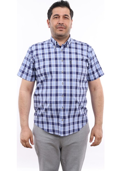 Erkek Büyük Beden Lacivert-Mavi Ekose Likralı Pamuk Düğmeli Yaka Cepli Kısa Kol Gömlek Kk-8025-Tss