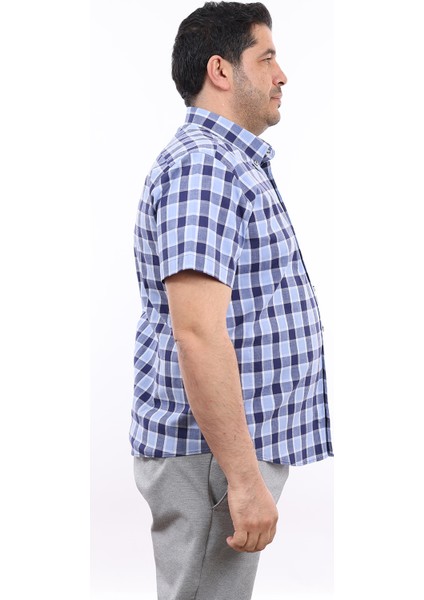 Erkek Büyük Beden Lacivert-Mavi Ekose Likralı Pamuk Düğmeli Yaka Cepli Kısa Kol Gömlek Kk-8025-Tss fiyatları