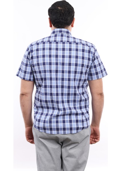 Erkek Büyük Beden Lacivert-Mavi Ekose Likralı Pamuk Düğmeli Yaka Cepli Kısa Kol Gömlek Kk-8025-Tss modelleri