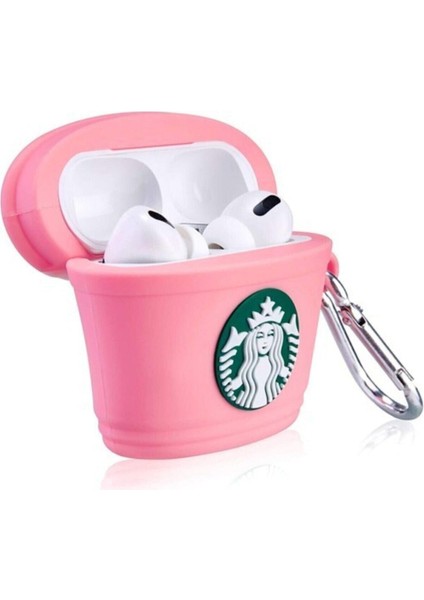 Air Pods Pro ve Pro 2.nesil Uyumlu 3D Silikon Kılıf Sevimli Starbucks Pembe
