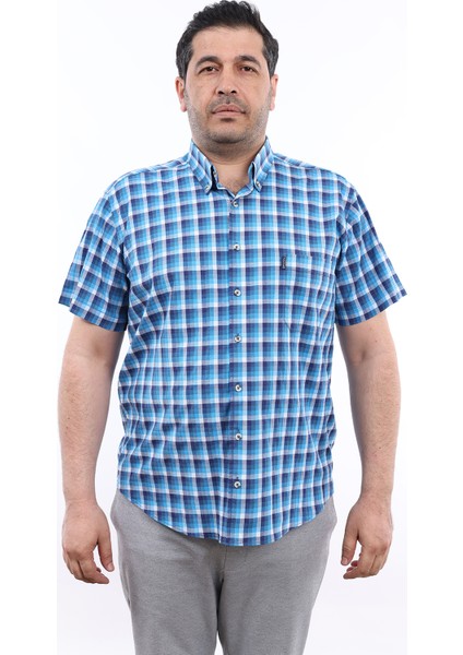 Erkek Büyük Beden Lacivert-Turkuaz Ekose Likralı Pamuk Düğmeli Yaka Cepli Kısa Kol Gömlek Kk-8027-Tss
