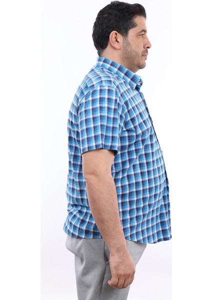 Erkek Büyük Beden Lacivert-Turkuaz Ekose Likralı Pamuk Düğmeli Yaka Cepli Kısa Kol Gömlek Kk-8027-Tss fiyatları