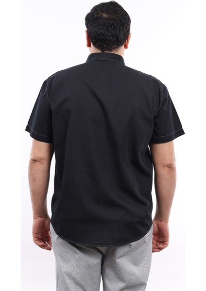 Erkek Büyük Beden Yarım Patlı Siyah Kot Pamuk Düğmeli Yaka Cepli Kısa Kol Gömlek Kk-8030-Tss modelleri