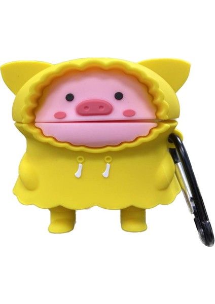 Air Pods Pro ve Pro 2. Nesil Uyumlu 3D Silikon Kılıf - Sevimli Yağmurluklu Piglet