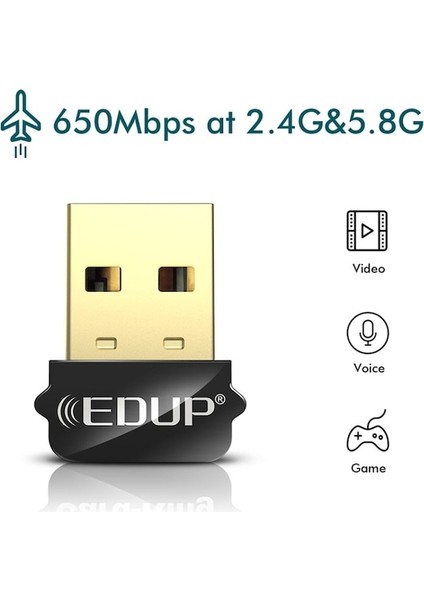 Edup EP-AC1651 USB Wıfı Adaptörü 650 Mbps Çift Bant 5g/2.4 Ghz Harici Kablosuz Ağ Kartı Wifi Dongle Alıcı Dizüstü Windows Macos Için (Yurt Dışından)