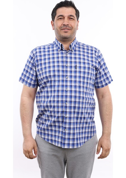 Erkek Büyük Beden Lacivert-Gri Ekose Likralı Pamuk Düğmeli Yaka Cepli Kısa Kol Gömlek Kk-8028-Tss