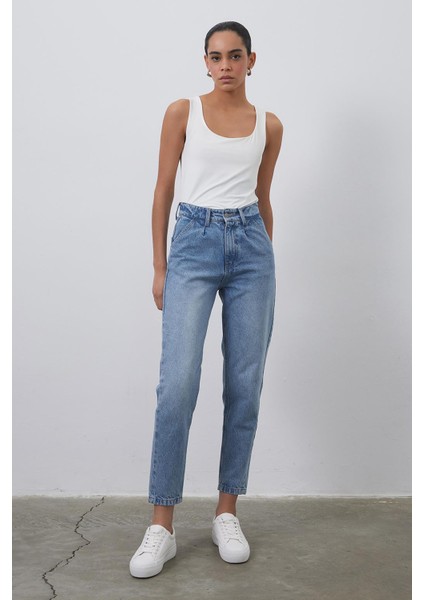 Yıkamalı Düz Kesim Yüksek Bel Denim Pantolon Açık Mavi