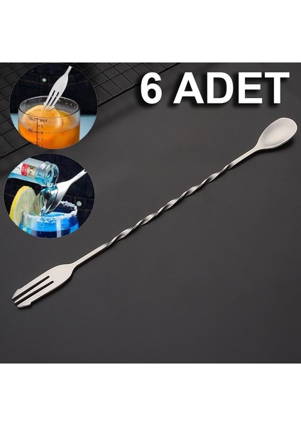 304 Çelik 6 Adet 32 cm Çift Başlı Kokteyl Karıştırma Barmen Kaşığı CIN582-6