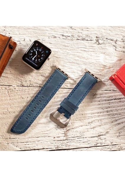 Apple Watch Deri Kordon 49MM 45MM 44MM 42MM 3 / 4 / 5 / 6 / Se / 7 / 8 / Ultra / Ultra 2 Mavi Deri Kayış
