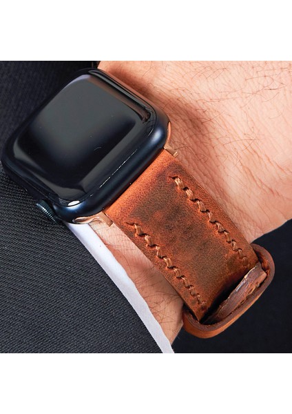 Apple Watch Kordon 42MM 44MM 45MM 49MM 3 / 4 / 5 / 6 / Se / 7 / 8 / Ultra / Ultra 2 Deri Kordon Hakiki Deri Kayış Taba