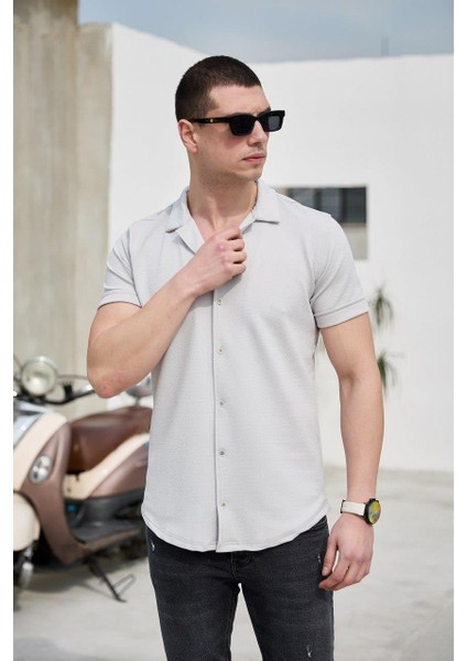 Gri Renk Dokulu Kısa Kol Erkek Gömlek fiyatları