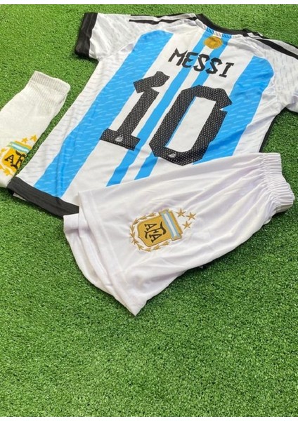 Çocuk Beyaz Şortlu Messi Arjantin Mavi Halı Saha Forma Tişört Armalı Çorap 3'lü