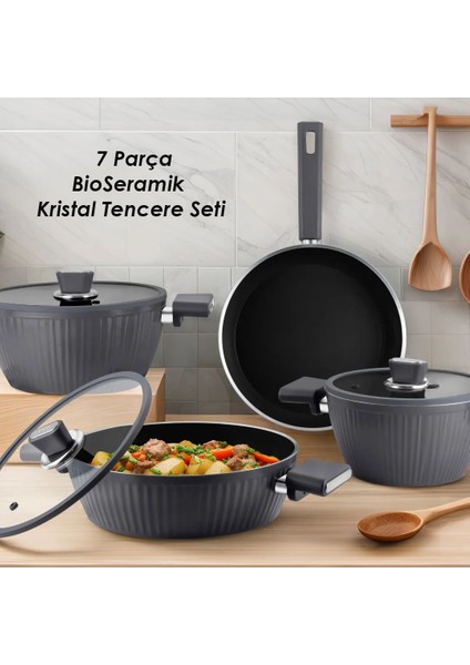 L-5090 Indüksiyon Taban Bioseramik Kristal 7 Parça Tencere Seti