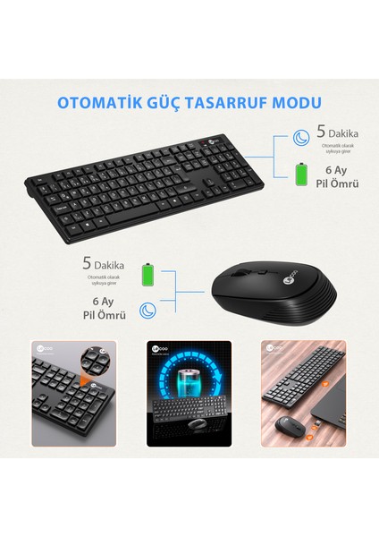 Lenovo Lecoo KM2001 Kablosuz Türkçe Q Klavye & Mouse Set Siyah