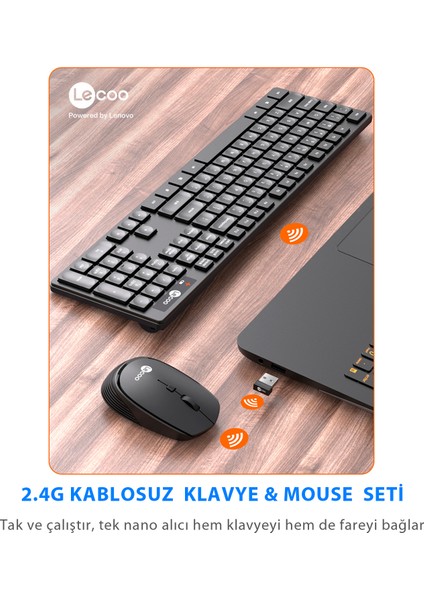 Lenovo Lecoo KM2001 Kablosuz Türkçe Q Klavye & Mouse Set Siyah