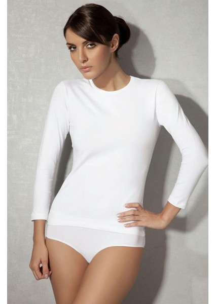Beyaz Kadın Modal Yuvarlak Yaka Uzun Kollu Tişört