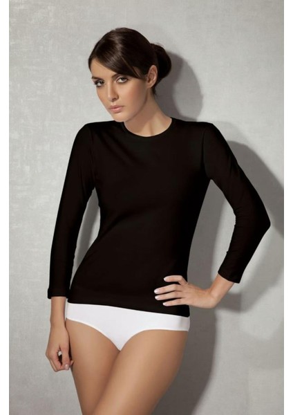 Siyah Kadın Modal Yuvarlak Yaka Uzun Kollu Tişört