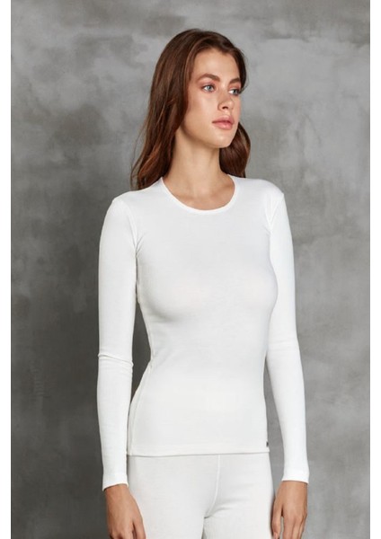 Ekru Kadın Termal Bisiklet Yaka Tişört