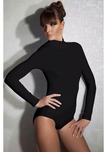 Siyah Kadın Modal Balıkçı Yaka Uzun Kol Body