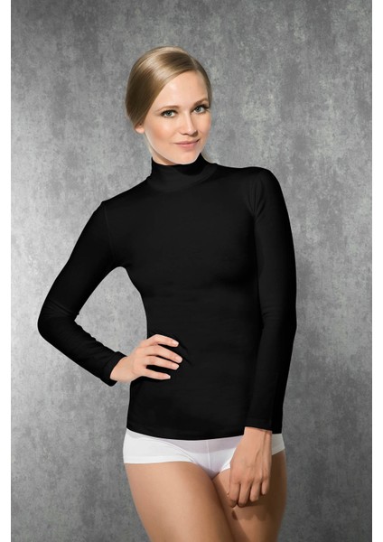 Siyah Kadın Modal Uzun Kollu Boğazlı Tişört