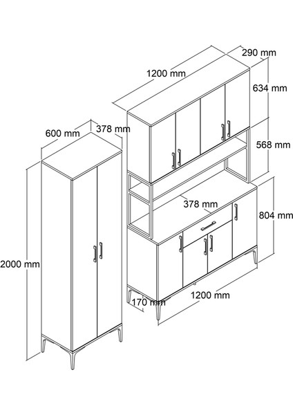 MDL0602 Alt Üst Çift Kapılı Çok Amaçlı Dolap 8 Kapaklı Çekmeceli Raflı Çam