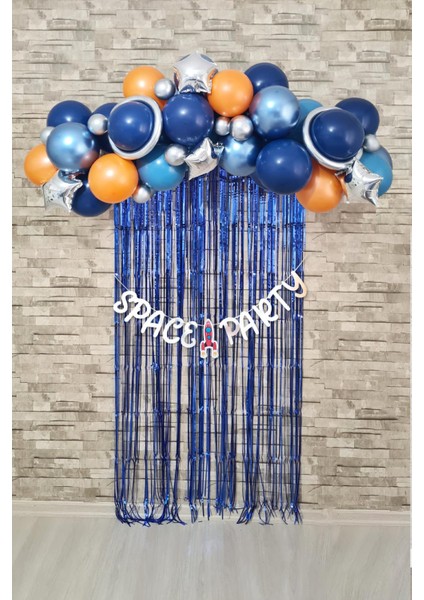 Uzay Tema Doğum Günü Bannerlı Fon Perdeli Balon Zinciri Seti Uzay Gezegen Balon Zinciri