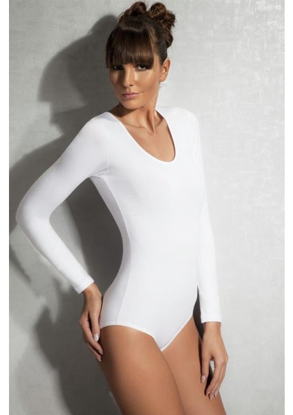 Beyaz Kadın Modal Uzun Kollu Body