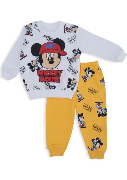 Erkek Bebek Mickey Mouse Baskılı Şapkalı Alt Üst 2'li Takım