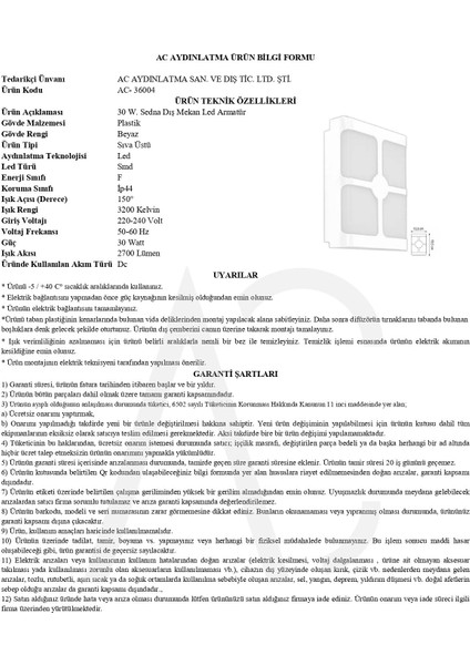 30W Sedna LED Armatür Beyaz Kasa 3200K Sarı Işık fiyatları